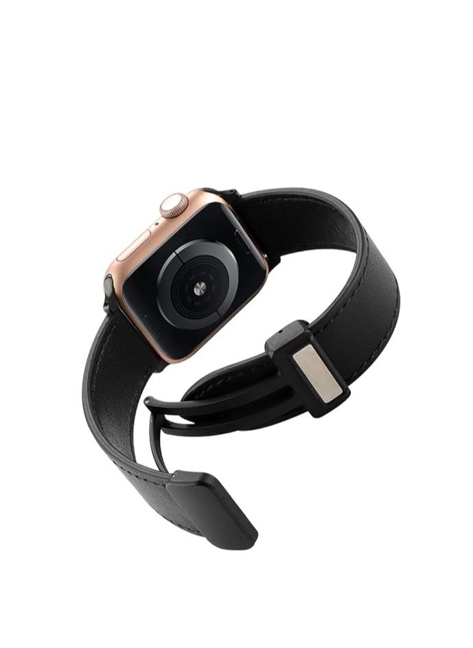 ten.tech - TenTech Leather Watch Band for Apple Watch Ultra/Ultra 2, Size 49mm 45mm 44mm 42, Genuine Leather Band with Magnetic Clasp for iWatch Series 9/8/7/6/5/4/3/2/1/ SE – black - Image 1