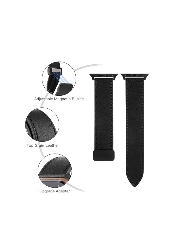 ten.tech - TenTech Leather Watch Band for Apple Watch Ultra/Ultra 2, Size 49mm 45mm 44mm 42, Genuine Leather Band with Magnetic Clasp for iWatch Series 9/8/7/6/5/4/3/2/1/ SE – black - Image 1