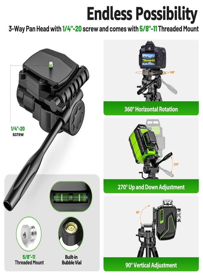 Huepar Lightweight 67.72-Inch Adjustable Laser Level Tripod with 3-Way Swivel Pan Head, Portable Handle, Bubble Level, Quick Release Plate with 1/4" Screw Mount&5/8" UNF Adapter Nut-Camera Tripod T16A - Image 3