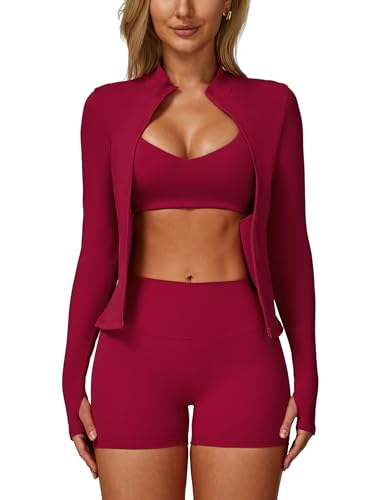 ABOCIW 3 Piece Workout Sets for Women Zipper Long Sleeve Jacket with Thumb Holes V Neck Y Back Sports Bra High Waist Shorts Gym Sets Yoga Pilates Outfits Athletic Set Cherry Red Medium - Image 1