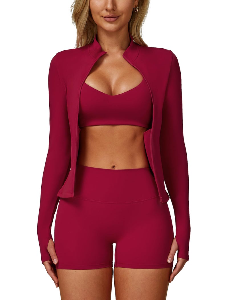ABOCIW 3 Piece Workout Sets for Women Zipper Long Sleeve Jacket with Thumb Holes V Neck Y Back Sports Bra High Waist Shorts Gym Sets Yoga Pilates Outfits Athletic Set Cherry Red Medium - Image 2