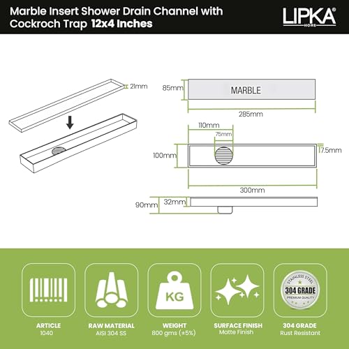 LIPKA 12 x 4 Inches Marble Insert Shower Drain Channel |Waste Water Floor Drain for 21mm Marble| 304 Stainless Steel Invisible Shower Drain Channel For Bathroom Balcony with Cockroach Trap & Side Hole - Image 2