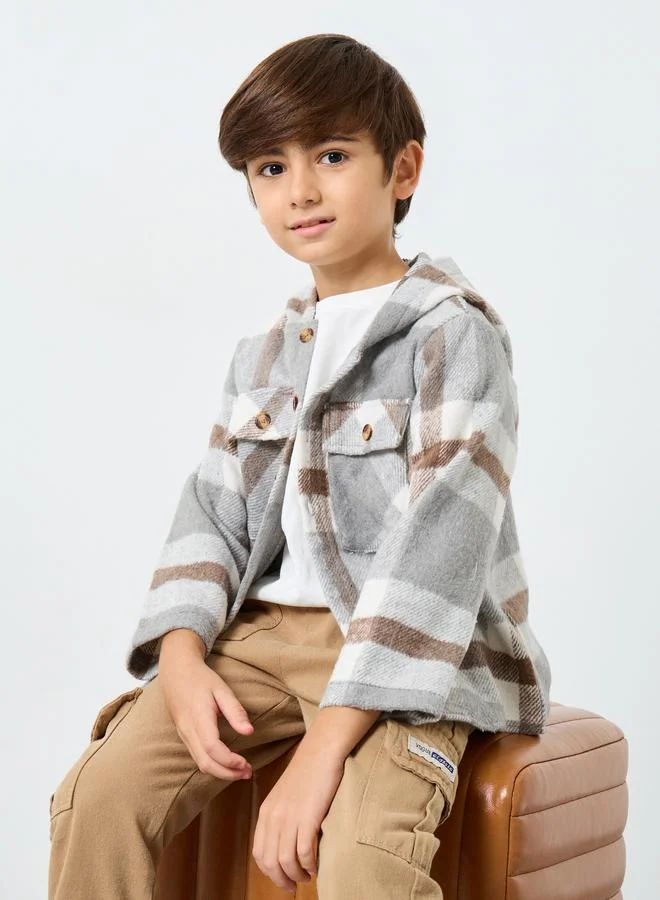 Styli Styli Boys Grey Checkered Hooded Jacket