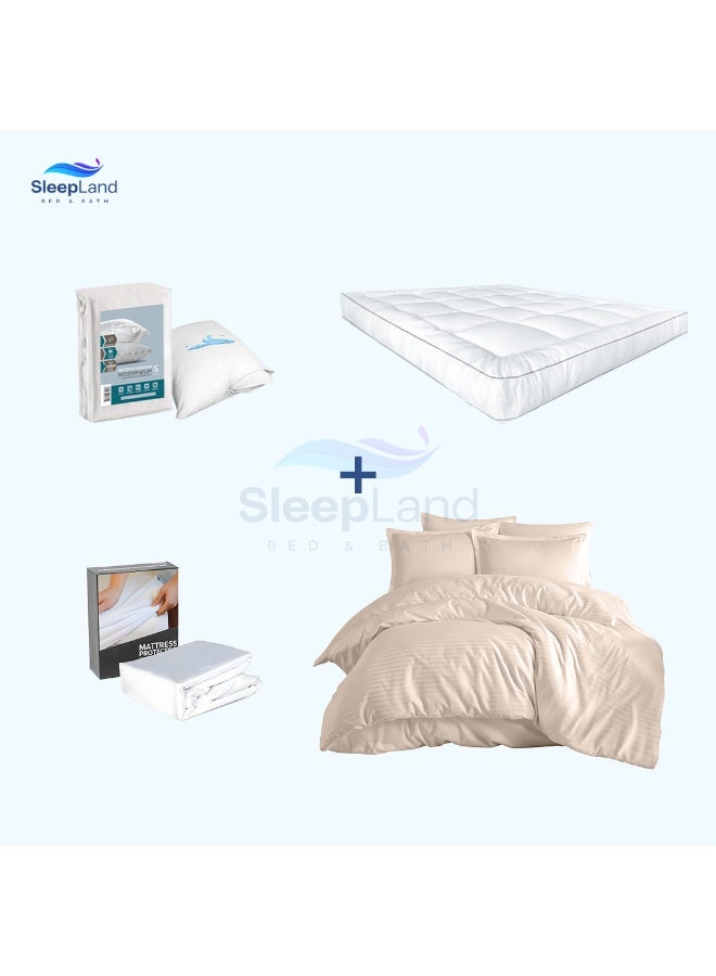سليب لاند بكج النوم الفندقي – لباد 200×200 سم + واقي مرتبة + طقم واقي مخدة + مفرش فندقي بيج - Image 1
