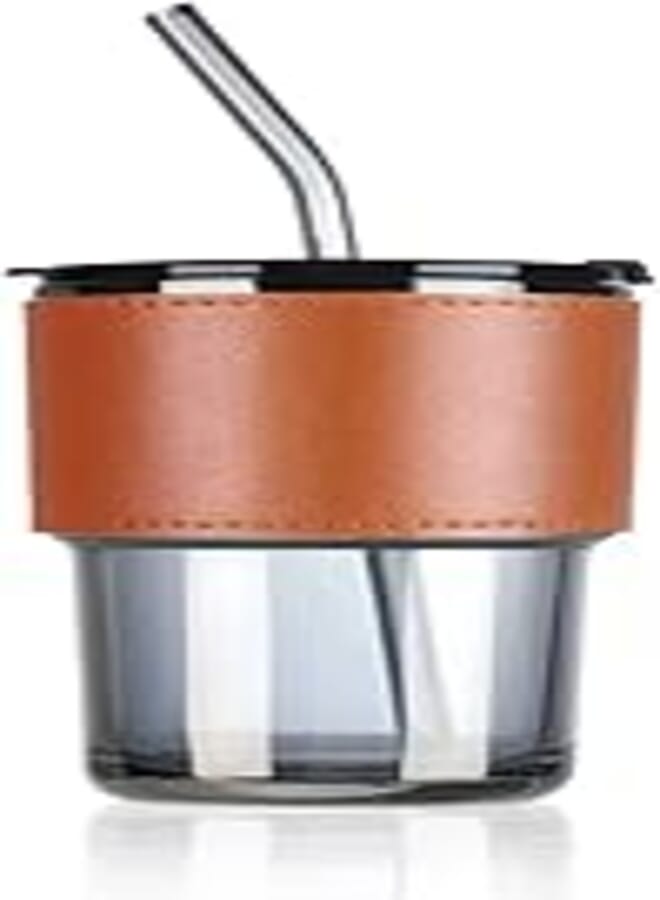 Voix glass tumbler with lid, glass straw and protective anti-slip leather sleeve for hot and cold beverages tea coffee travel mug smoothies fruit juice (1 piece,435 ml,black color)