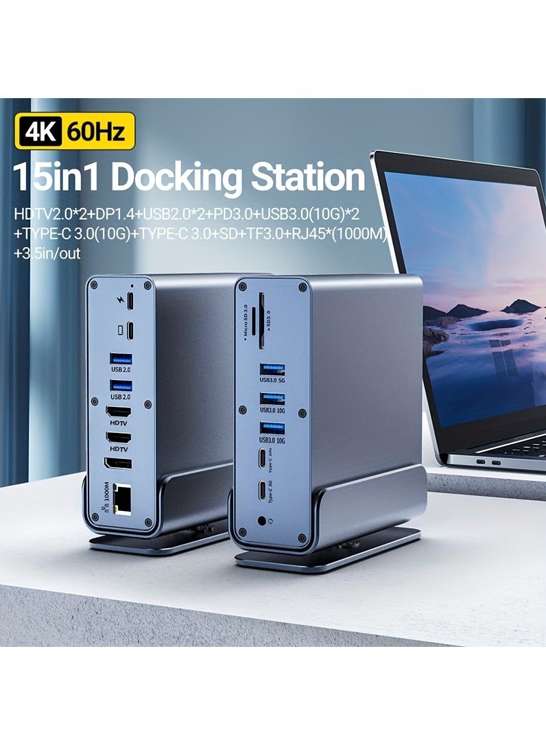15 In 1 USB-C Docking Station, Type C Hub, Multi-Port Vertical Laptop Hub With Removable Base Support RJ45 1000M, USB 3.0/2.0, PD 100W Fast Charging, Audio 3.5mm, SD/TF for Laptop Tablet Smartphone