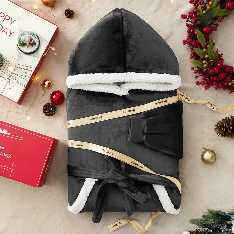 Bedsure Bedsure Oversized Wearable Blanket Hoodie - Long Sherpa Fleece Hooded Blanket for Adult Women Men  Warm Cozy Big Blanket Sweatshirt with Giant Pocket and Belt  Winter Gifts for Men  Oversize  Charcoal  - Image 2
