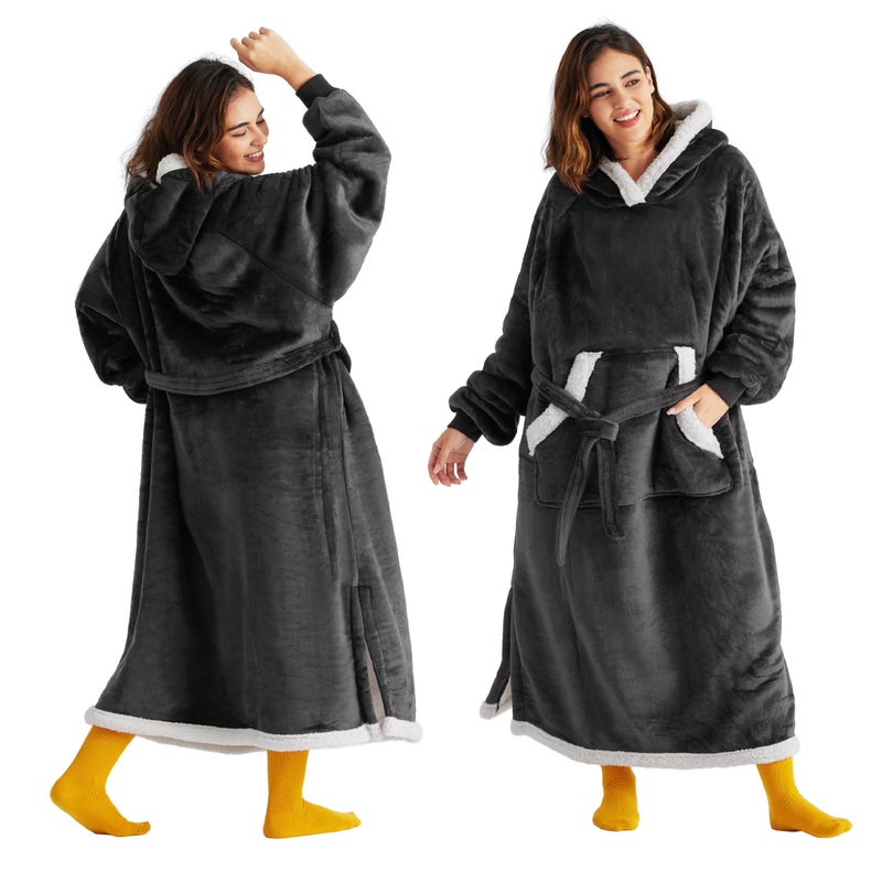 Bedsure Bedsure Oversized Wearable Blanket Hoodie - Long Sherpa Fleece Hooded Blanket for Adult Women Men  Warm Cozy Big Blanket Sweatshirt with Giant Pocket and Belt  Winter Gifts for Men  Oversize  Charcoal  - Image 1