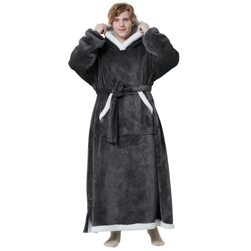 Bedsure Bedsure Oversized Wearable Blanket Hoodie - Long Sherpa Fleece Hooded Blanket for Adult Women Men  Warm Cozy Big Blanket Sweatshirt with Giant Pocket and Belt  Winter Gifts for Men  Oversize  Charcoal  - Image 4