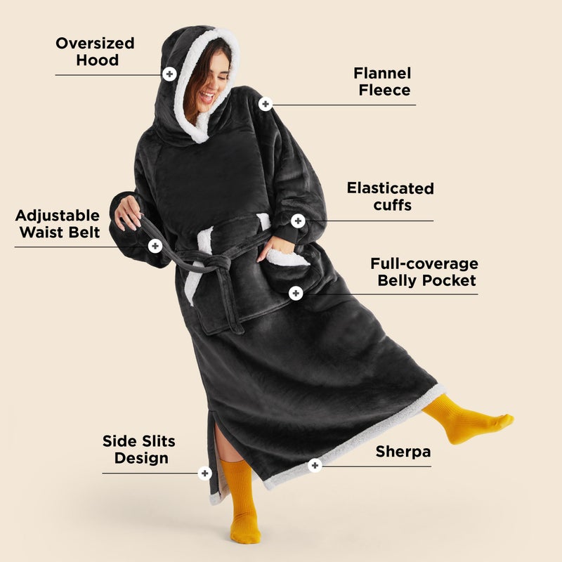 Bedsure Bedsure Oversized Wearable Blanket Hoodie - Long Sherpa Fleece Hooded Blanket for Adult Women Men  Warm Cozy Big Blanket Sweatshirt with Giant Pocket and Belt  Winter Gifts for Men  Oversize  Charcoal  - Image 3