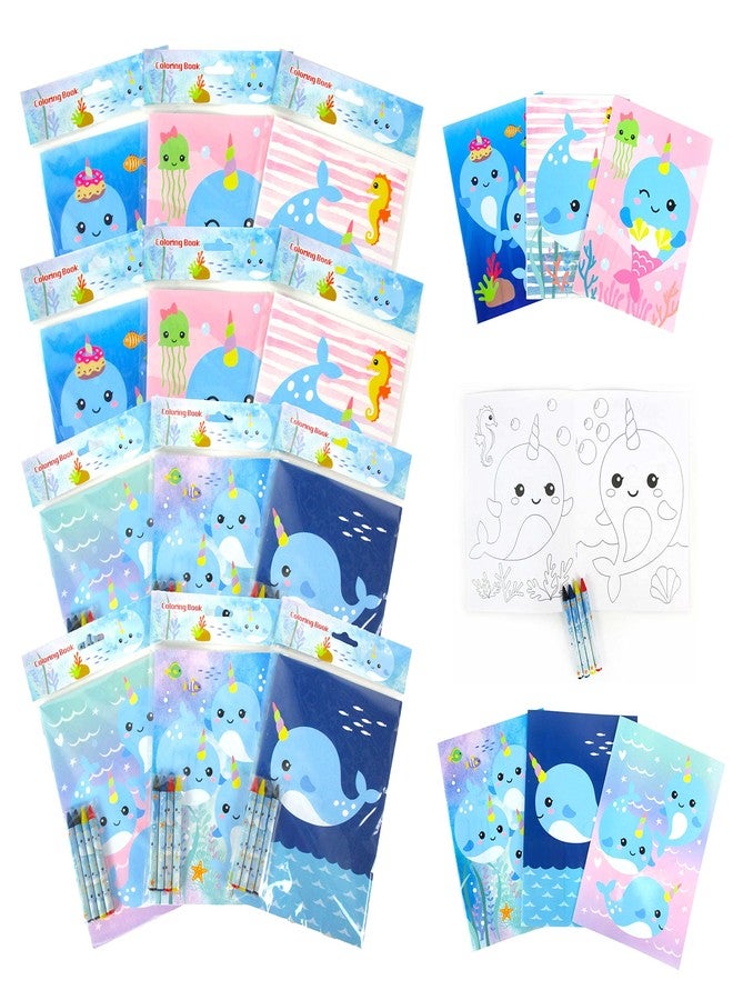 TINYMILLS Narwhals Coloring Book and Crayon Set for Kids Party Favors with 12 Coloring Books and 48 Crayons for Birthday Party Supplies, Narwhal Themed Favor Bag Filler - Image 1