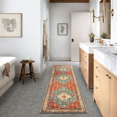 La Home Lahome Boho Tribal 2'6" x 10' Washable Runners for Hallways, Oriental Kitchen Runner Rugs Non Skid Washable, Oriental Soft Long Stair Carpet Runner for Bathroom Living Room Bedroom, Rust/Dull Teal - Image 3