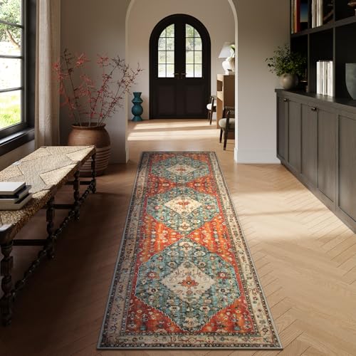 La Home Lahome Boho Tribal 2'6" x 10' Washable Runners for Hallways, Oriental Kitchen Runner Rugs Non Skid Washable, Oriental Soft Long Stair Carpet Runner for Bathroom Living Room Bedroom, Rust/Dull Teal - Image 2