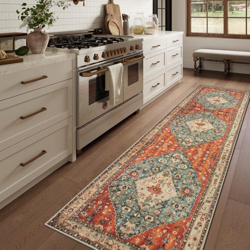 La Home Lahome Boho Tribal 2'6" x 10' Washable Runners for Hallways, Oriental Kitchen Runner Rugs Non Skid Washable, Oriental Soft Long Stair Carpet Runner for Bathroom Living Room Bedroom, Rust/Dull Teal - Image 1
