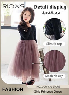 RIOXS Toddler Girls Tutu Dress, Girls Long Sleeve A Line Tutu Dress, Round Neck Mesh Slim Dress, Kids Knitted Cotton Princess Dress, Elastic Waist Mesh Layered Fairy Skirt, For Party School Performance Or Daily Wear  - Image 3
