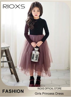 RIOXS Toddler Girls Tutu Dress, Girls Long Sleeve A Line Tutu Dress, Round Neck Mesh Slim Dress, Kids Knitted Cotton Princess Dress, Elastic Waist Mesh Layered Fairy Skirt, For Party School Performance Or Daily Wear  - Image 1