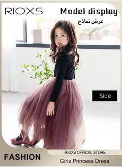 RIOXS Toddler Girls Tutu Dress, Girls Long Sleeve A Line Tutu Dress, Round Neck Mesh Slim Dress, Kids Knitted Cotton Princess Dress, Elastic Waist Mesh Layered Fairy Skirt, For Party School Performance Or Daily Wear  - Image 2