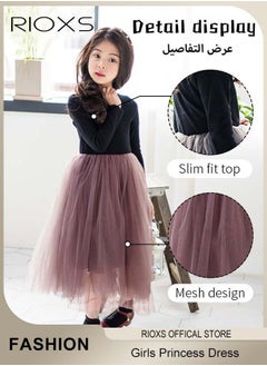 RIOXS Toddler Girls Tutu Dress, Girls Long Sleeve A Line Tutu Dress, Round Neck Mesh Slim Dress, Kids Knitted Cotton Princess Dress, Elastic Waist Mesh Layered Fairy Skirt, For Party School Performance Or Daily Wear  - Image 3