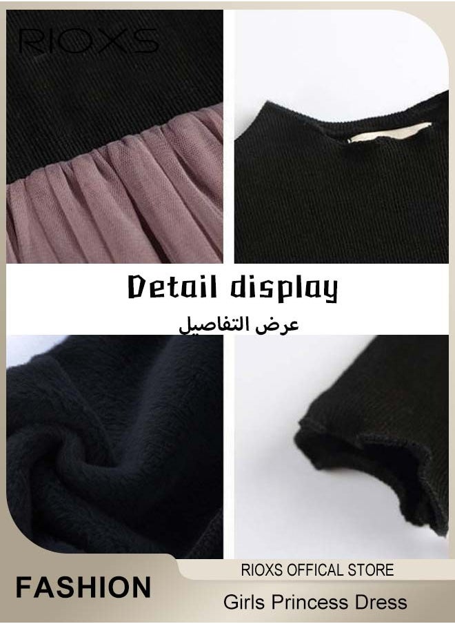 RIOXS Toddler Girls Tutu Dress, Girls Long Sleeve A Line Tutu Dress, Round Neck Mesh Slim Dress, Kids Knitted Cotton Princess Dress, Elastic Waist Mesh Layered Fairy Skirt, For Party School Performance Or Daily Wear  - Image 4