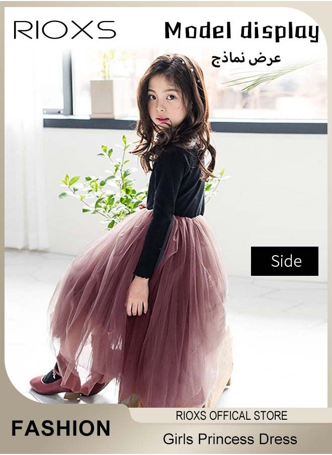 RIOXS Toddler Girls Tutu Dress, Girls Long Sleeve A Line Tutu Dress, Round Neck Mesh Slim Dress, Kids Knitted Cotton Princess Dress, Elastic Waist Mesh Layered Fairy Skirt, For Party School Performance Or Daily Wear  - Image 2