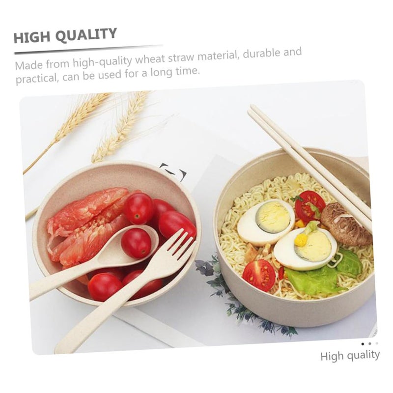 Wheat Straw Portable Bento Bowl Set with Lid Chopsticks Spoon Travel School Picnic - Image 4