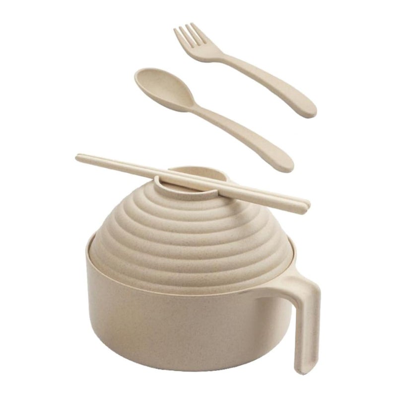 Wheat Straw Portable Bento Bowl Set with Lid Chopsticks Spoon Travel School Picnic - Image 2