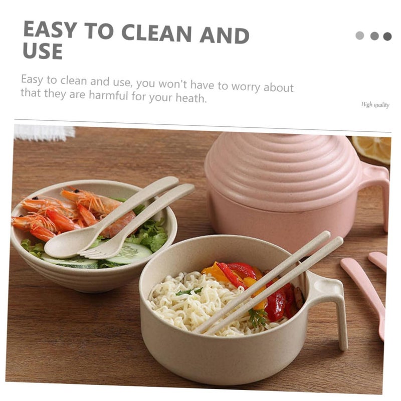 Wheat Straw Portable Bento Bowl Set with Lid Chopsticks Spoon Travel School Picnic - Image 3