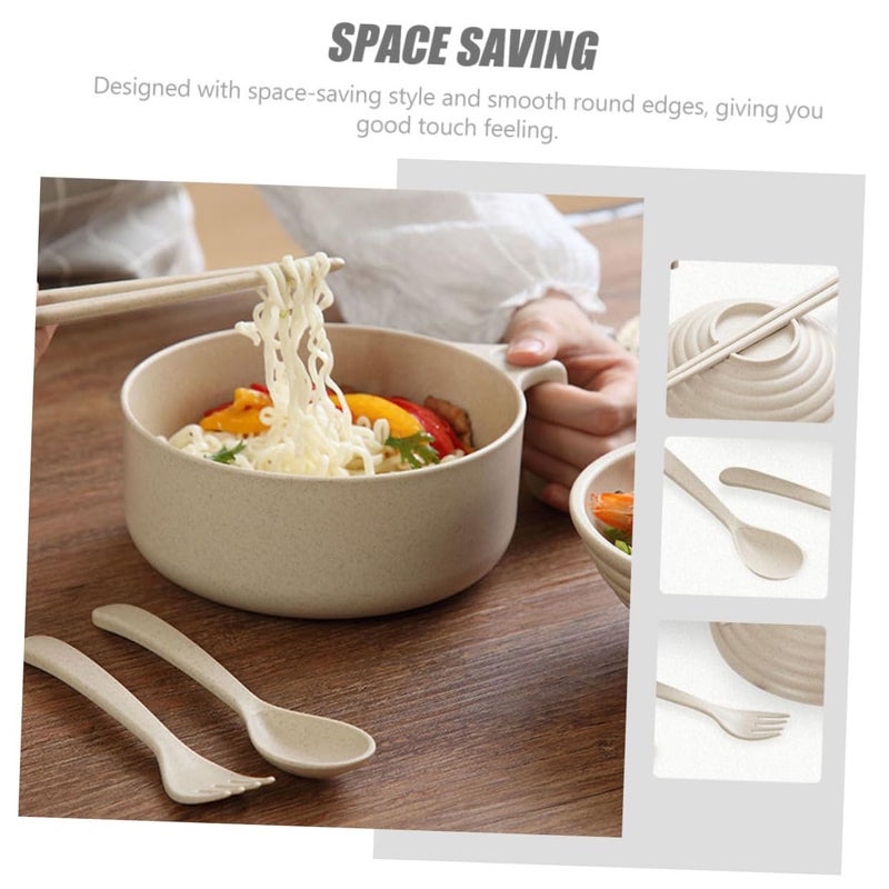 Wheat Straw Portable Bento Bowl Set with Lid Chopsticks Spoon Travel School Picnic - Image 5
