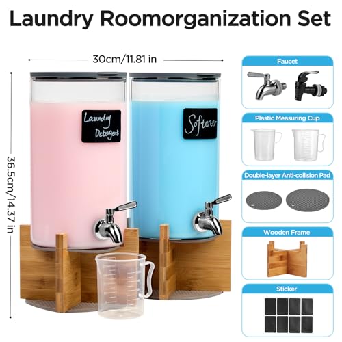 Spreccio Glass Laundry Detergent Dispenser with Holder,1.1 Gallon Laundry Liquid Dispensers with Stainless-Steel Tap,Large Glass Fabric Softener Containers with Stand for Laundry Room Organization - Image 2