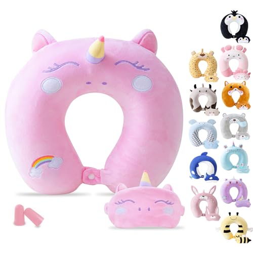 Cirorld Travel Pillow for Kids Adult Cute Neck Pillow for Traveling Memory Foam Airplane Pillow Sleep Mask Animal Flight Pillow Head Rest Neck Support for Cars Long Flights (Pink, 9-12 Y/O) - Image 1