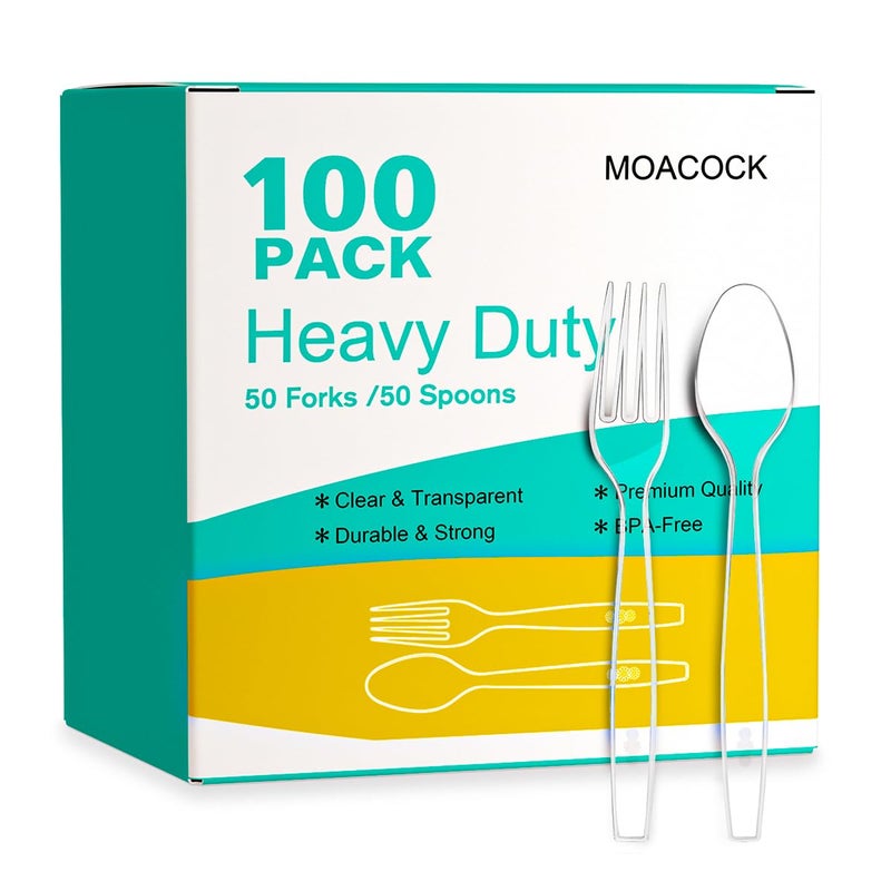 MOACOCK 100 Count Plastic Silverware Heavy Weight Plastic Forks Spoons Disposable Utensils Cutlery Set for Wedding Party Supplies Everyday Use