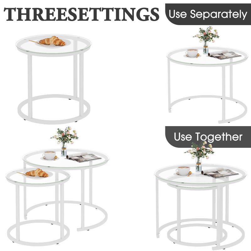 aboxoo White Nesting Glass Table Set of 2, Small Glass Round Nesting Tables for Living Room Bedroom, Accent Tea Table with Metal Frame Modern Industrial Simple - Image 5