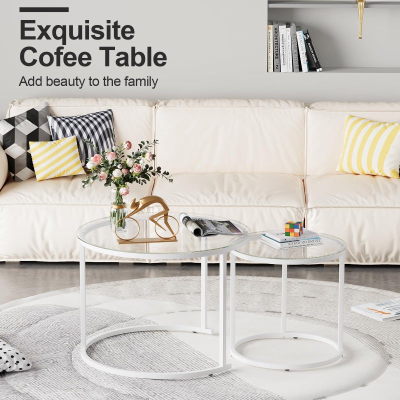 aboxoo White Nesting Glass Table Set of 2, Small Glass Round Nesting Tables for Living Room Bedroom, Accent Tea Table with Metal Frame Modern Industrial Simple - Image 4