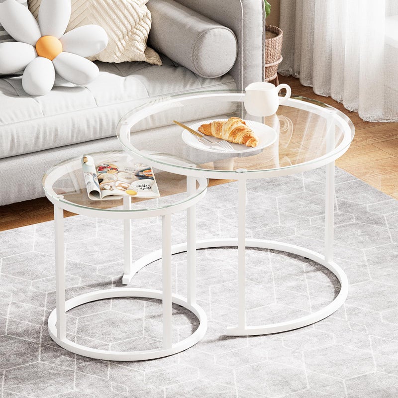 aboxoo White Nesting Glass Table Set of 2, Small Glass Round Nesting Tables for Living Room Bedroom, Accent Tea Table with Metal Frame Modern Industrial Simple - Image 1