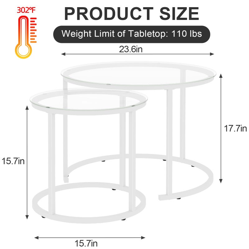 aboxoo White Nesting Glass Table Set of 2, Small Glass Round Nesting Tables for Living Room Bedroom, Accent Tea Table with Metal Frame Modern Industrial Simple - Image 2