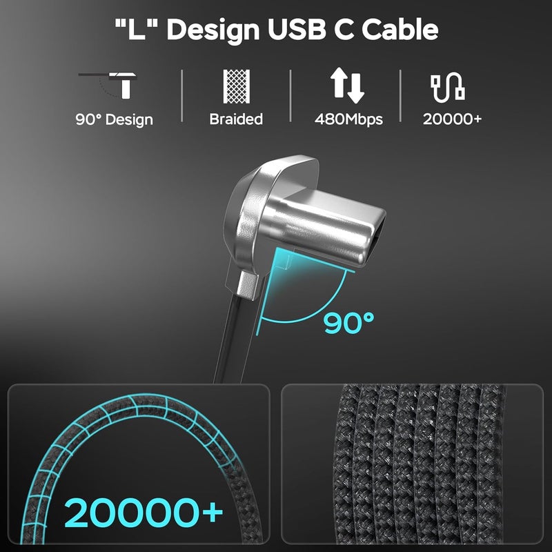 كابل USB C إلى USB C، 60 واط 3.3 قدم مسطح، كابل شحن USB C، شاحن من النوع C بزاوية قائمة شحن سريع متوافق مع Steam Deck وROG Ally وSamsung S23/S22/S21 وiPhone 16/15 Pro/Pro Max وMacBook وغيرها. - Image 2