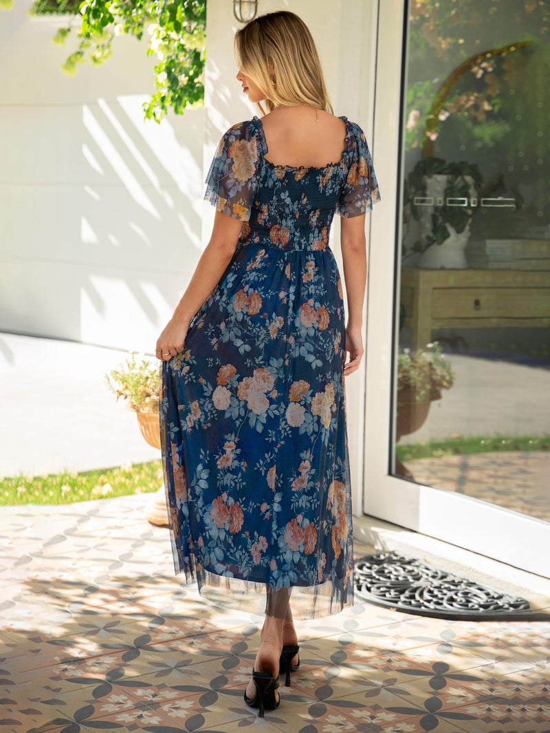 Simplee Womens Floral Maxi Dresses 2026 Summer Casual Square Neck Short Sleeve Smocked Flowy Tea Party Wedding Dress - Image 3