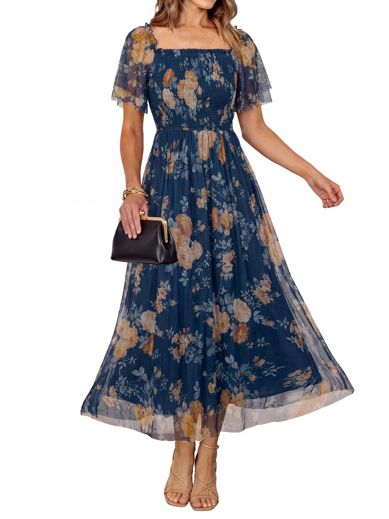 Simplee Womens Floral Maxi Dresses 2026 Summer Casual Square Neck Short Sleeve Smocked Flowy Tea Party Wedding Dress - Image 1
