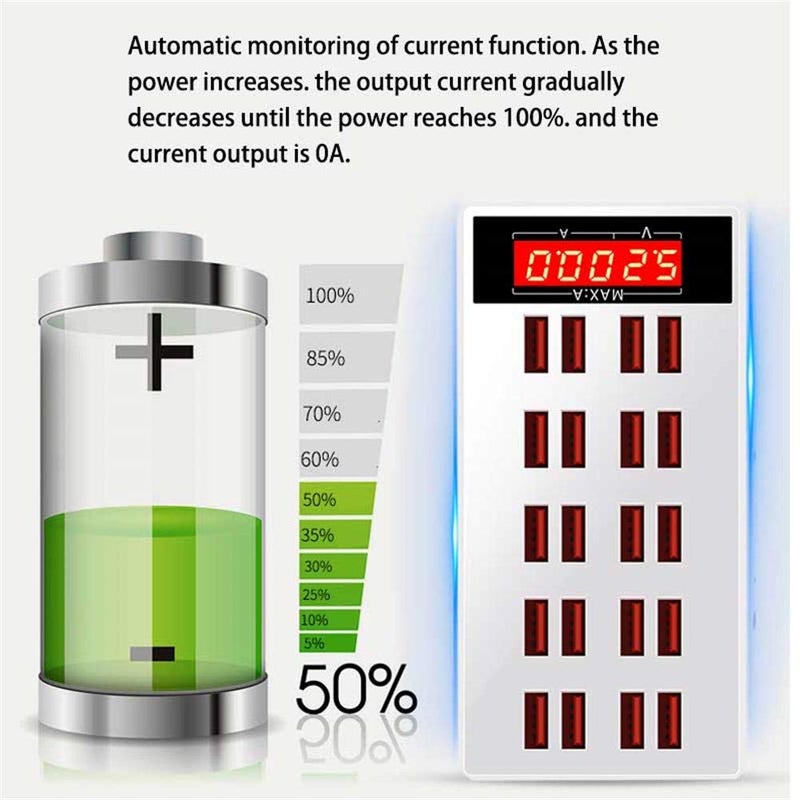 Microware محطة شحن USB، 20 منفذ 100 واط مركز شحن الهاتف مع شاشة LED محطة شحن محول، محطة شحن USB سريعة لسطح المكتب - Image 4