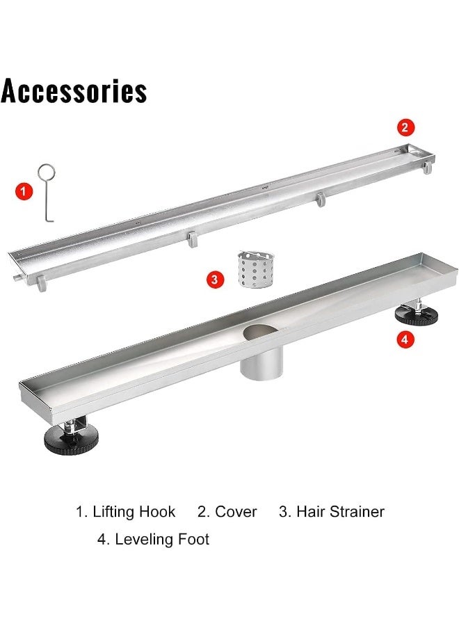 Biella Stainless Steel Rectangle Side Outlet Shower Floor Drain Offset Linear Design With Adjustable Leveling Foot And Hair Strainer/Catcher Tile Insert Type 60 Cm - Image 2