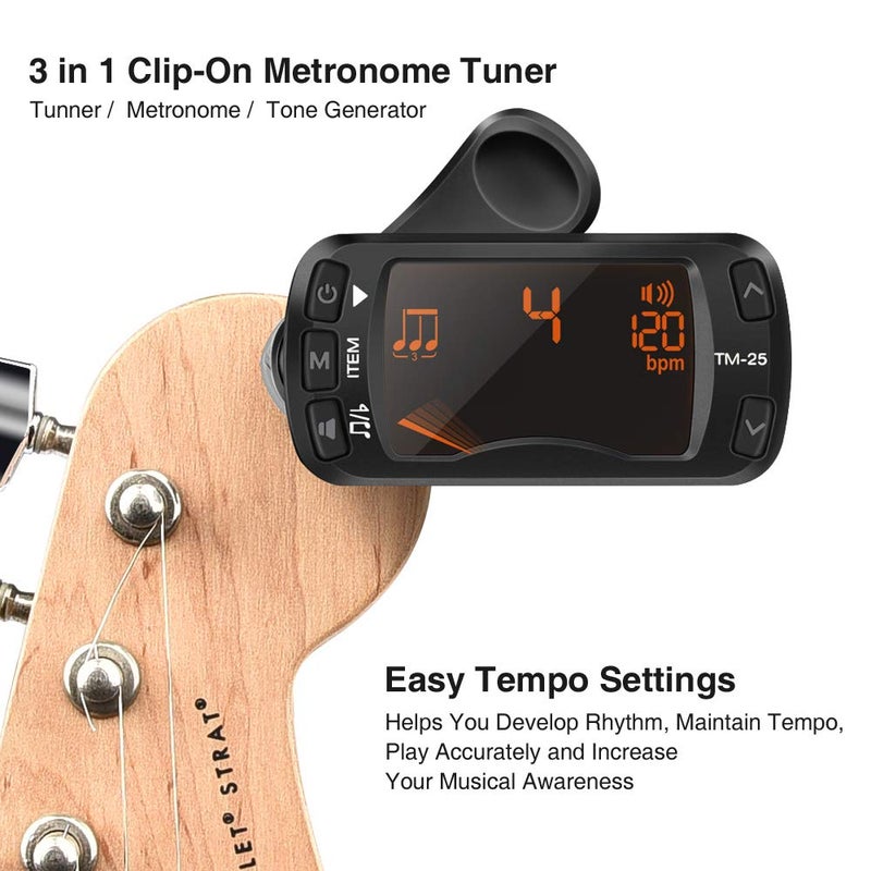 LEKATO Guitar Tuner Clip On Metronome Tuner Tone Generator 3 in 1 Multifunction Portable for All Instruments, Bass, Chromatic, Instruments, Violin and Ukulele (Battery Clipped on the Silicone Pad) - Image 2