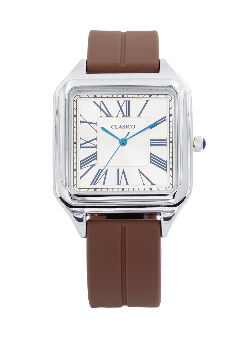 Clasico ساعة كواتز مينيمال – بني وفضي | قرص مربع | تصميم بسيط مع حزام سيليكون فاخر وقفل مغناطيسي – حركة كواتز من عيار Elite Y121 – تصميم مقاوم للماء - Image 1