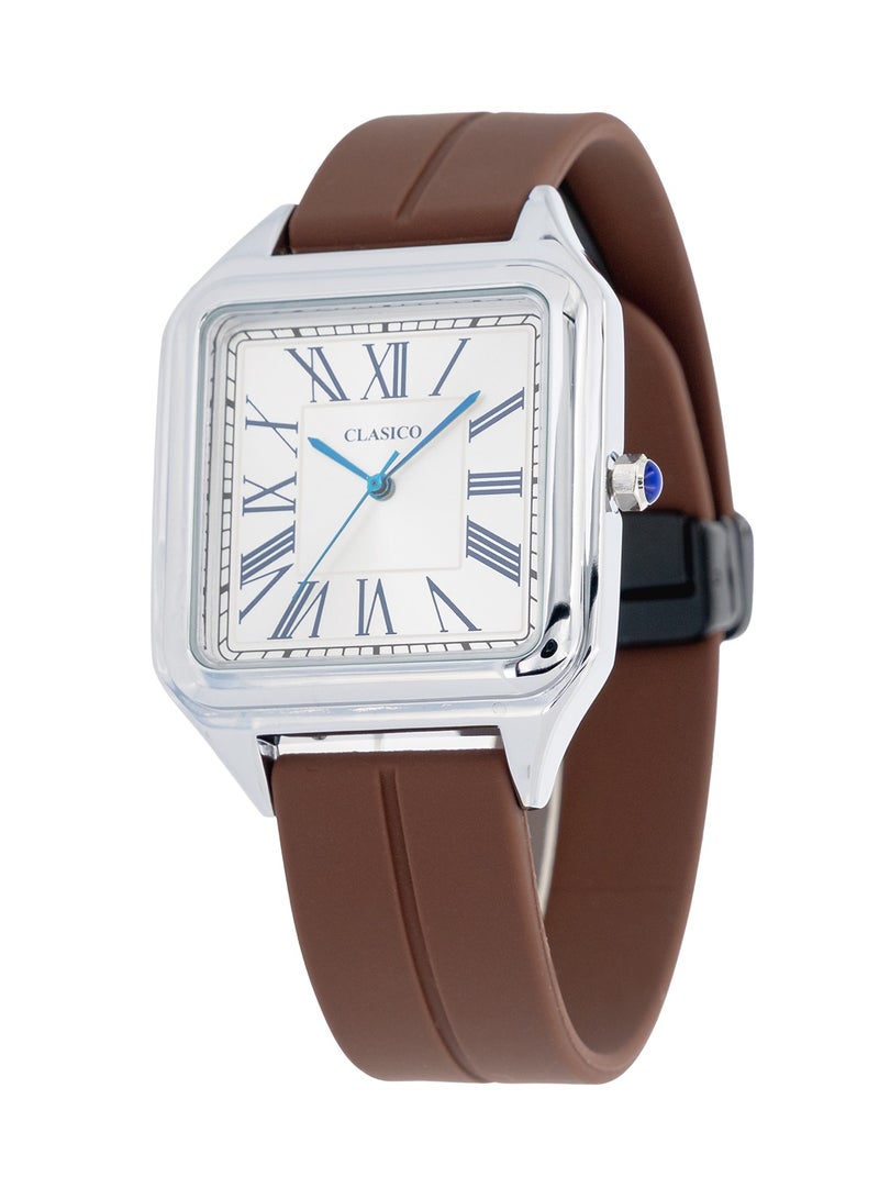 Clasico ساعة كواتز مينيمال – بني وفضي | قرص مربع | تصميم بسيط مع حزام سيليكون فاخر وقفل مغناطيسي – حركة كواتز من عيار Elite Y121 – تصميم مقاوم للماء - Image 2