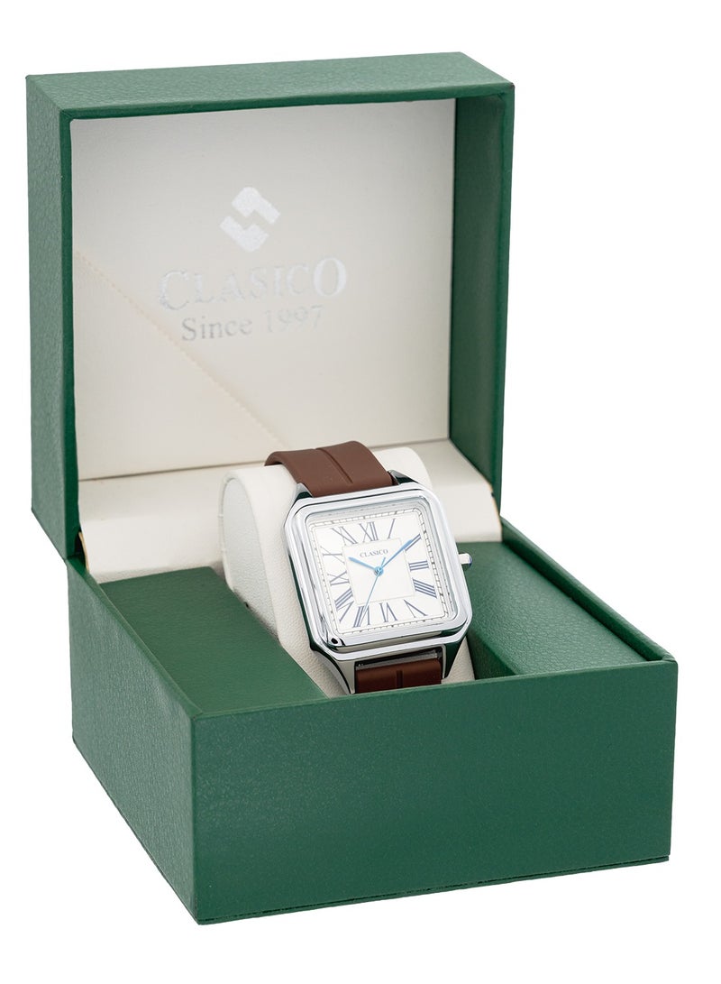 Clasico ساعة كواتز مينيمال – بني وفضي | قرص مربع | تصميم بسيط مع حزام سيليكون فاخر وقفل مغناطيسي – حركة كواتز من عيار Elite Y121 – تصميم مقاوم للماء - Image 5