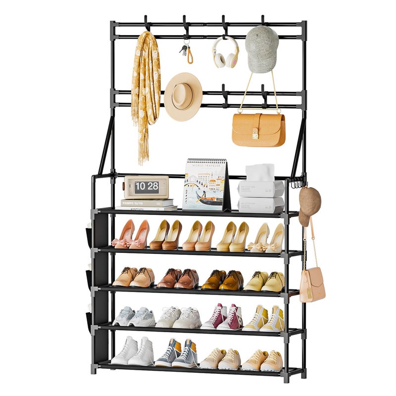 OYREL Shoe Rack 5 Tier Shoe Racks Organizer 20-25 Pairs Shoes Rack for Closet Entrance Shoe Storage Organizer with Hooks and Side Pocket Entryway Shoe Holder Space Saving Free Standing Shoe Racks - Image 1