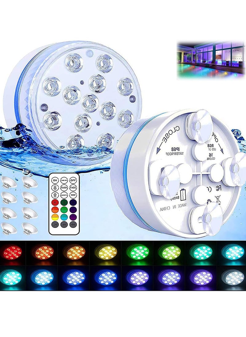 فورتي أضواء LED غاطسة مع جهاز تحكم عن بعد، إضاءة LED لحمام السباحة مقاومة للماء، مصابيح حمام سباحة تحت الماء RGB 16 لونًا مع كوب شفط، ضوء حوض استحمام ساخن محمول لتزيين حمام السباحة، حوض السمك (قطعتان)  - Image 1