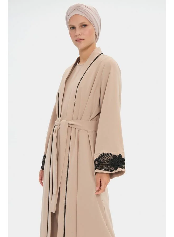 جون June Women Flounce Skirt Floral Detailed Abaya Stone