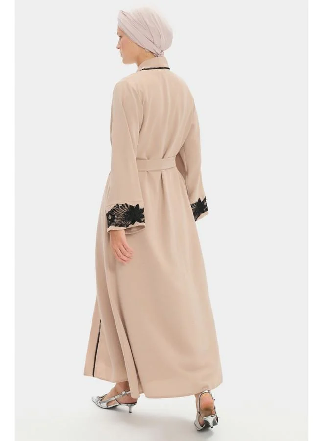 جون June Women Flounce Skirt Floral Detailed Abaya Stone