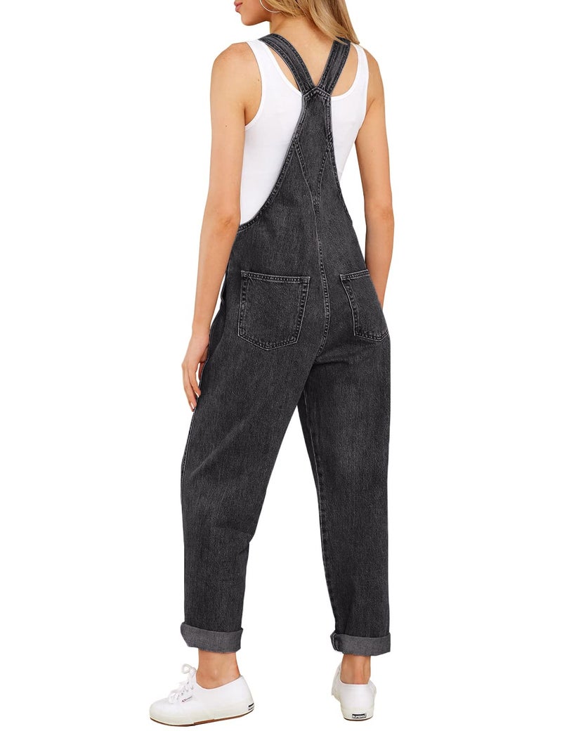 luvamia Women's Casual Adjustable Denim Bib Overalls Jeans Pants Fashion Loose Overall Jumpsuits Deep Grey Size Large - Image 2