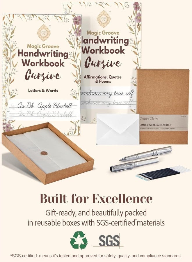 UNCLE EJ Grooved Cursive Handwriting Workbook Kit - Large Cursive Workbook for Kids 8-12 and Adults, Magic Reusable Grooved Handwriting Practice, Letters Words and Poetry, Gift Set, 9.8"x7" - Image 4